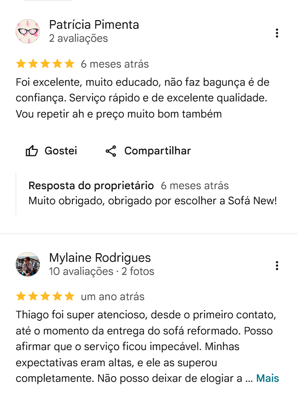 Avaliações cinco estrelas de Patrícia Pimenta e Mylaine Rodrigues no Google