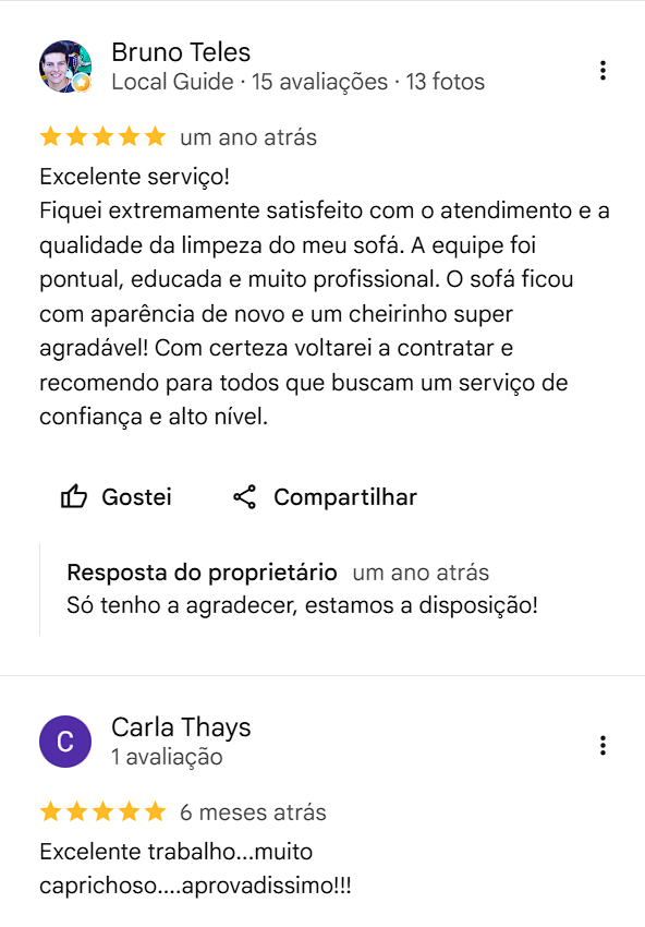 Avaliações cinco estrelas de Bruno Teles e Carla Thays no Google