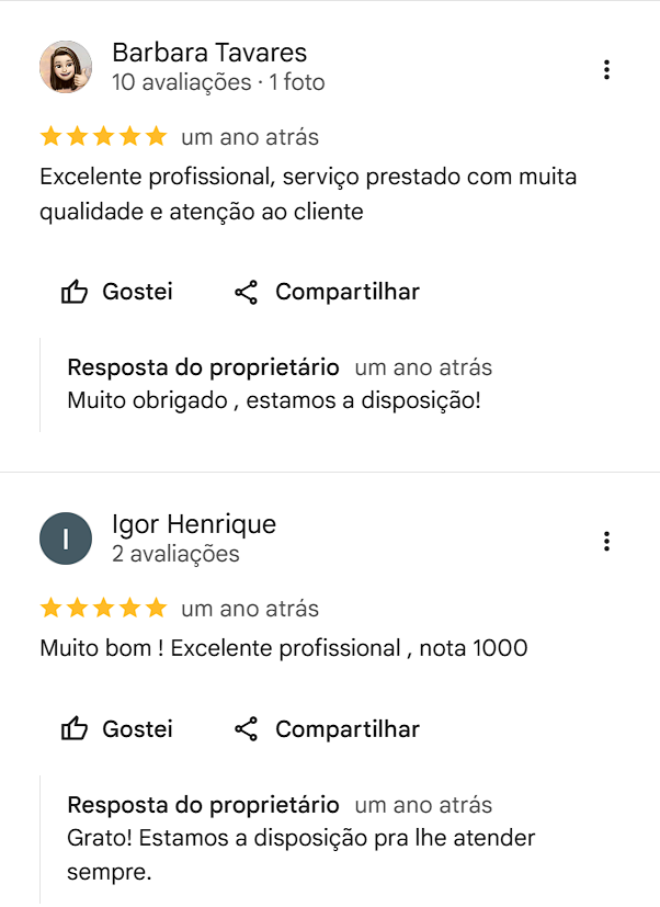 Avaliações cinco estrelas de Barbara Tavares e Igor Henrique no Google