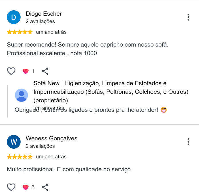 Avaliações cinco estrelas de Diogo Escher e Weness Gonçalves no Google