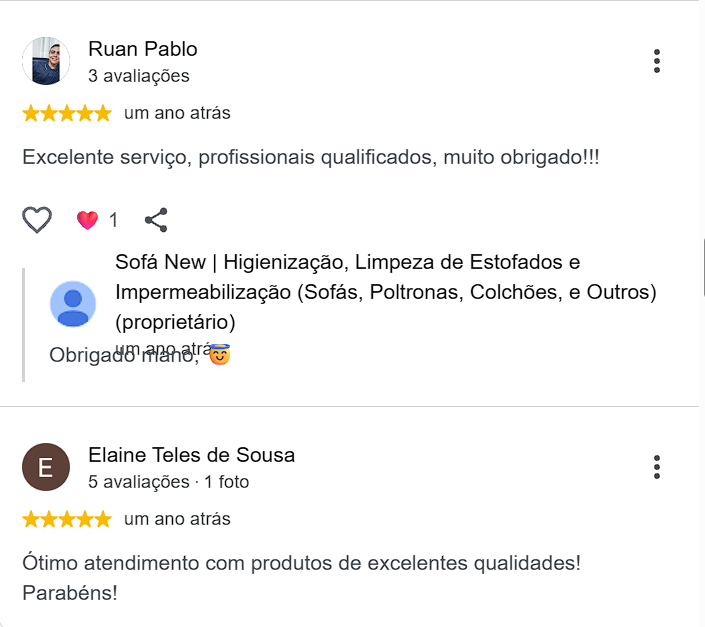 Avaliações cinco estrelas de Ruan Pablo e Elaine Teles de Sousa no Google