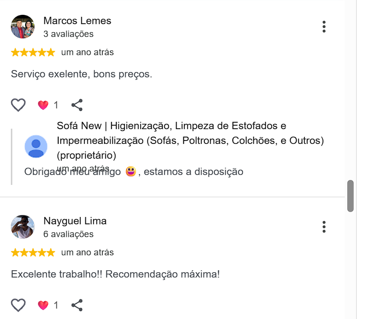 Avaliações cinco estrelas de Marcos Lemes e Nayguel Lima no Google